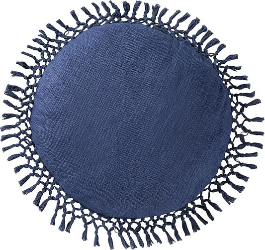 Indigo Ink - Decorative Throw Pillows for Couch or Bed, Boho Home Décor Round Cotton 20" x 20" Pillow with Tassels (Tufted Medallion Collection, Navy Blue)