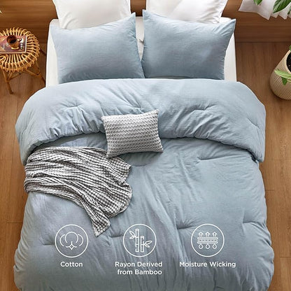 Bedsure 5 Pieces Cotton Comforter Set with Cotton Waffle Throw Blanket - Blue Queen Comforter, Pillow Shams, Grey Cooling Blanket of Rayon Derived from Bamboo for Hot Sleepers, Throw Pillow