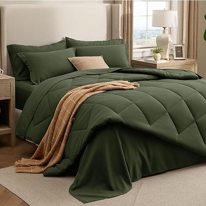 Bedsure 7 Pieces King Comforter Set Premium Series, Hotel Luxury Soft Bed in a Bag, Goose Down Alternative, Safe for Sensitive Skin Bedding Comforter All Season Medium Warmth, Olive Green King Size
