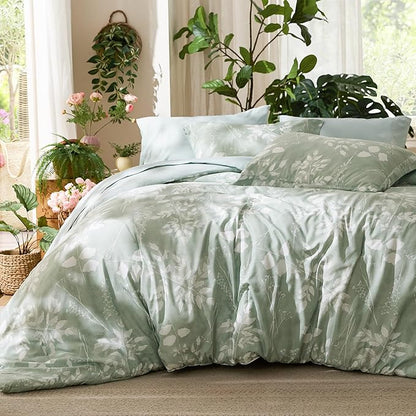 Bedsure Full Size Comforter Set - 7 Pieces Floral Sage Green Soft Bedding Sets, Full Bed in a Bag with Botanical Flowers Comforter, Sheets, Pillowcases & Shams