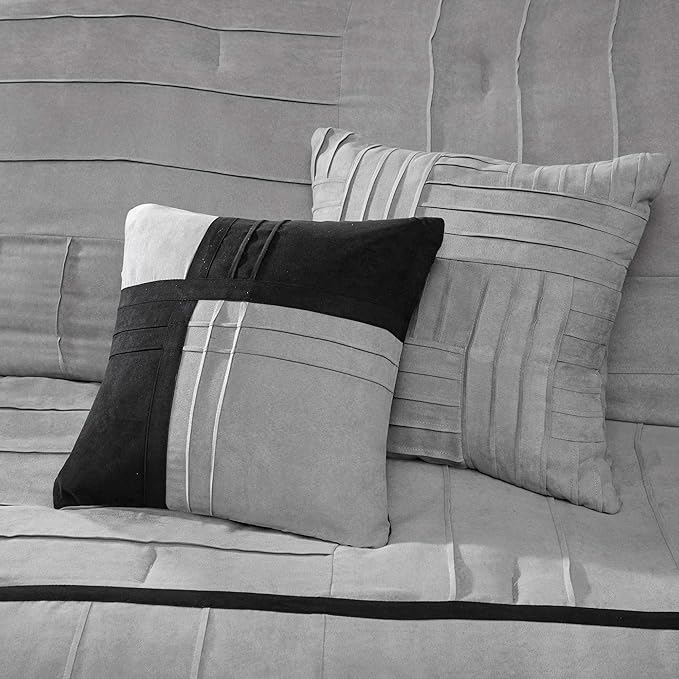 Madison Park Cozy Comforter Set Casual Blocks Design All Season, Matching Bed Skirt, Decorative Pillows, Full(82"x90"), Dune Suede, Black Grey, 7 Piece