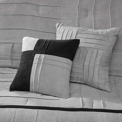 Madison Park Cozy Comforter Set Casual Blocks Design All Season, Matching Bed Skirt, Decorative Pillows, Cal King(104"x92"), Dune Suede, Black Grey, 7 Piece