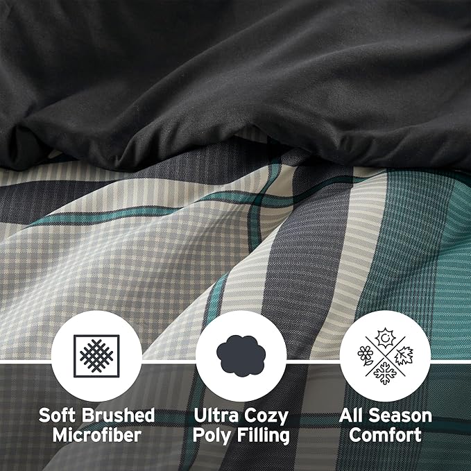 Intelligent Design Robbie 9-Piece Twin Comforter Set – Lightweight All-Season Plaid Bedding, Teal/Black, Cozy Bed-in-a-Bag with Matching Shams & Decorative Pillow, Modern Casual Style