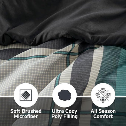 Intelligent Design Robbie 7-Piece Twin Comforter Set – Lightweight All-Season Plaid Bedding, Teal/Black, Cozy Bed-in-a-Bag with Matching Shams & Decorative Pillow, Modern Casual Style