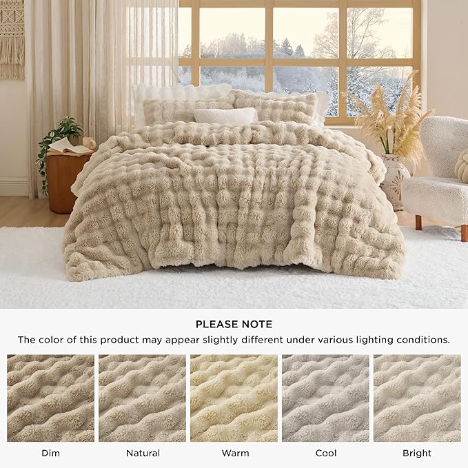 Bedsure Fluffy Comforter Set Queen - Light Beige Faux Fur Queen Comforter, Soft Shaggy Plush Bubble Bedding Comforter Sets, Winter Warm Luxury Fuzzy Bed Set 3 Pieces, 1 Comforter and 2 Pillowcases