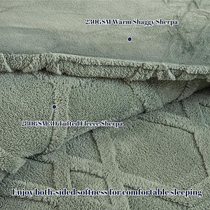 PHF Warm Sherpa Fleece Twin Comforter Set, 3D Tufted Fluffy Sage Green Bedding for Winter, Soft 2 Pieces Shaggy Bed Set, 1 Comforter (68"x90") and 1 Pillowcase (20"x26")