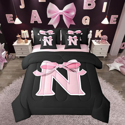 jejeloiu Kawaii Pink Bow King Comforter Set with Sheets,Gifts for Women Teen Girl,Monogrammed 7 Piece Bedding Set,Soft Personalized Initial Letter N Bed in a Bag with Comforter,Sheets,Pillowcases
