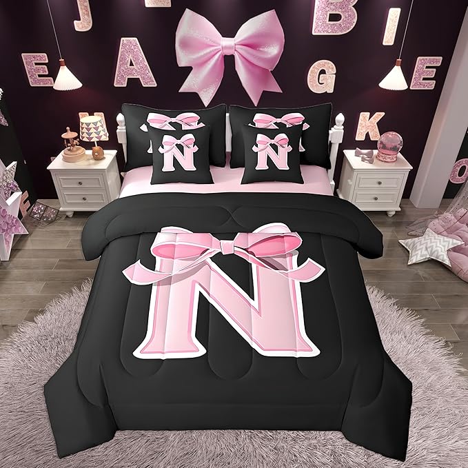 jejeloiu Kawaii Pink Bow Twin Comforter Set with Sheets,Gifts for Women Teen Girl,Monogrammed 7 Piece Bedding Set,Soft Personalized Initial Letter N Bed in a Bag with Comforter,Sheets,Pillowcases