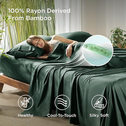 Bedsure Queen Sheet Set, Rayon Derived from Bamboo, Cooling Sheets, Breathable & Soft, Deep Pocket Up to 16 Inches, Hotel Luxury Silky Bedding for Hot Sleepers, Forest Green