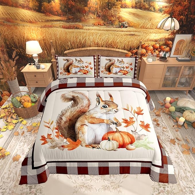Castle Fairy Fall Pumpkin Maple Leaf Comforter Set for Kids,Autumn Harvest Squirrel Bedding Set Teens Boys Room Decor,Vintage Wood Plank Grid Comforter with 1 Pillowcase for All Seasons,Twin