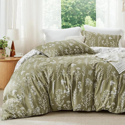 Bedsure Full Comforter Set - Olive Green Bed Set, 3 Pieces Cute Floral Bedding, 1 Soft Reversible Botanical Flowers Comforter and 2 Pillow Shams