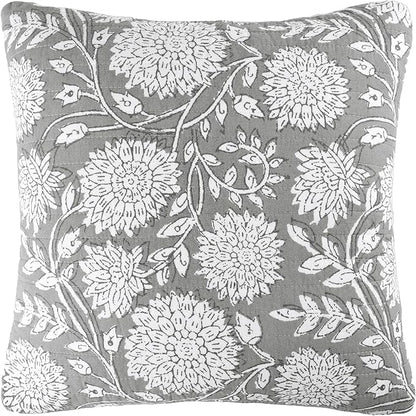 Levtex Home – Adare Grey Decorative Pillow – 18x18in – Feather Filled Throw Pillow – Floral Pattern – Grey and White – Zipper Closure