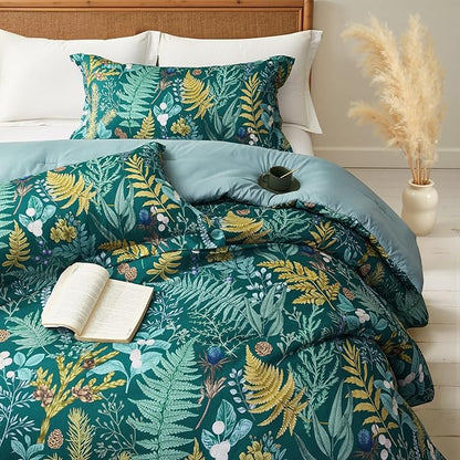 King Comforter Set - 3 Pieces Botanical Bedding Comforter Set, 1 Soft Dark Green Plant Flowers Comforter (104"x90") and 2 Pillow Shams(20"x36") Ultra-Soft Comfort Suitable for All Seasons