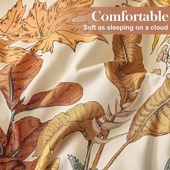 Queen Comforter Set - 3 Pieces Botanical Bedding Comforter Set, 1 Soft Orange Fall Plant Flowers Comforter (90"x90") and 2 Pillow Shams(20"x26") Ultra-Soft Comfort Suitable for All Seasons