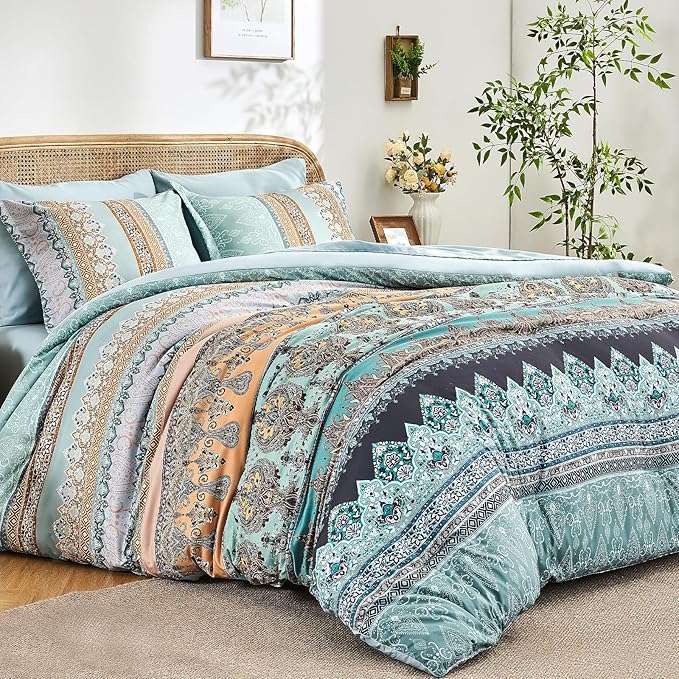 Boho Comforter Set King Size Sage Green - 7 Pieces Bohemian Floral Striped Comforter and Sheet Set, Soft Bed in a Bag Complete Bedding Sets King Size for All Season (Sage Green,King)