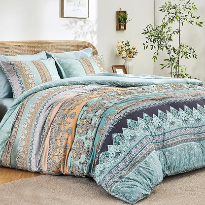 Boho Comforter Set King Size Sage Green - 7 Pieces Bohemian Floral Striped Comforter and Sheet Set, Soft Bed in a Bag Complete Bedding Sets King Size for All Season (Sage Green,King)