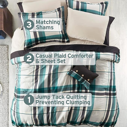 Intelligent Design Robbie 7-Piece Twin XL Comforter Set – Lightweight All-Season Plaid Bedding, Teal/Black, Cozy Bed-in-a-Bag with Matching Shams & Decorative Pillow, Modern Casual Style