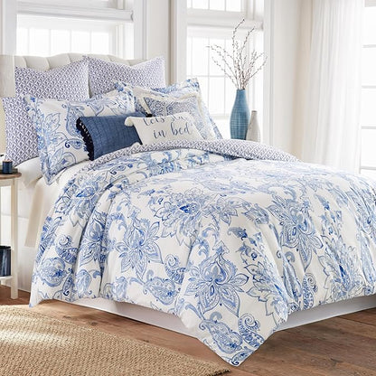 Levtex Home - Benette Comforter Set - King Comforter + Two King Pillow Cases - Floral Paisley - Blue and White - Comforter (106 x 94in.) and Pillow Case (36 x 20in.) - Cotton