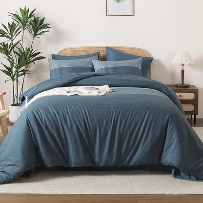 Andency California King Comforter Set Haze Blue - 7 Pieces Striped Lightweight Bed in a Bag, Soft Microfiber Reversible Bedding Set with Comforter, Fitted & Flat Sheet, Pillowcases & Shams