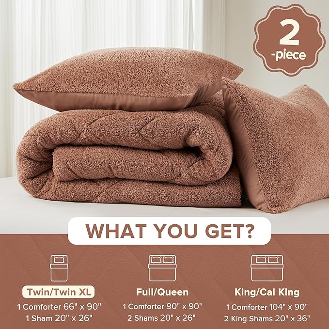Comfort Spaces Twin Comforter Set Reversible Feather-Soft Plush Comforters for Twin Size Bed All Season Lightweight Shearling Fleece Sherpa Comforter Twin Size Bed Set, Twin/Twin XL, Brown 2 Piece