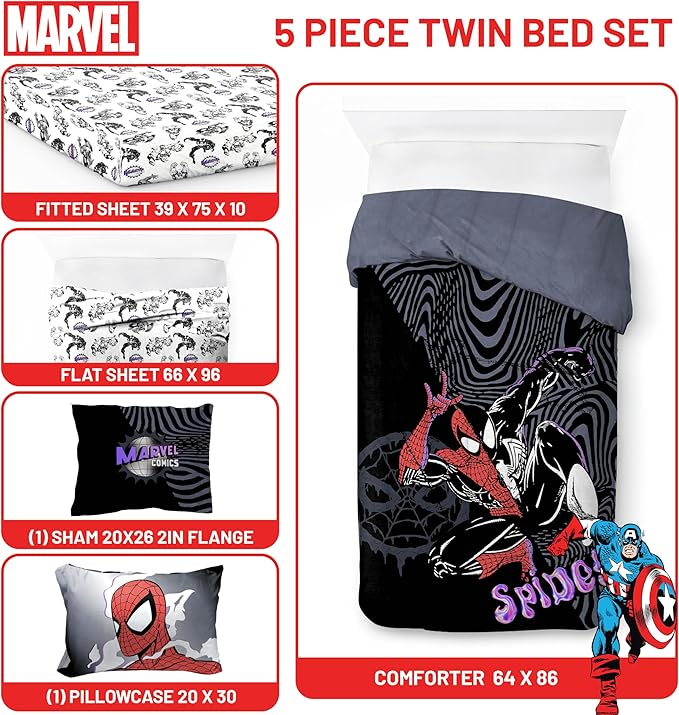 Jay Franco Kids Comforter Set Includes Sheets and Pillow Covers - Soft and Cozy Bed Set for Stylish Room Decor, Black - Marvel Comics, 5 Piece Twin Size Bedding