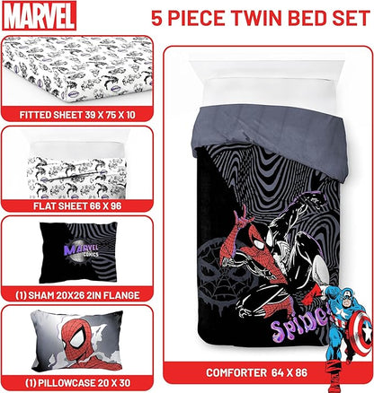 Jay Franco Kids Comforter Set Includes Sheets and Pillow Covers - Soft and Cozy Bed Set for Stylish Room Decor, Black - Marvel Comics, 5 Piece Twin Size Bedding