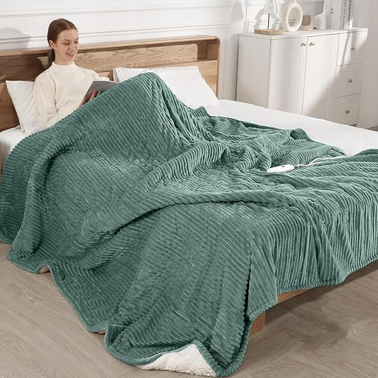 Heated Blanket King Size - Electric Heated Blanket with Dual Controls, 5 Heat Settings, 10-Hour Auto Off, Striped Flannel & Sherpa, FCC/ETL Certified, 90''x100'' Teal