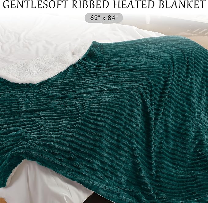 Electric Blanket Heated Twin Blanket, Super Soft Flannel & Sherpa Electric Twin Blanket with 6 Fast Heating Levels, 10 Hours Auto Off & OverHeat Protection, Machine Washable, 62'' X 84'', Deep Green