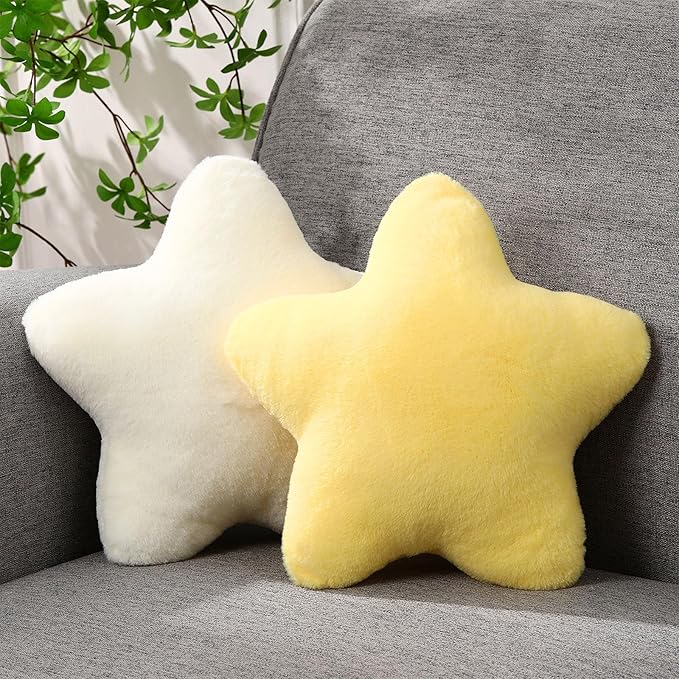 2 Pcs 11 Inch Star Pillow Decorative Star Shaped Throw Pillow Gift Cute Aesthetic Soft Plush Floor Cushions Room Decor for Bedroom Living Room Sofa Bed(Yellow, White)