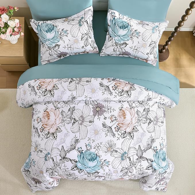Luxudecor King Comforter Set 7 Pieces Bedding Sets,Teal Blue Floral Comforter and Sheet Set,Soft Microfiber Bed in a Bag for All Seasons (Teal Blue,104"x90")