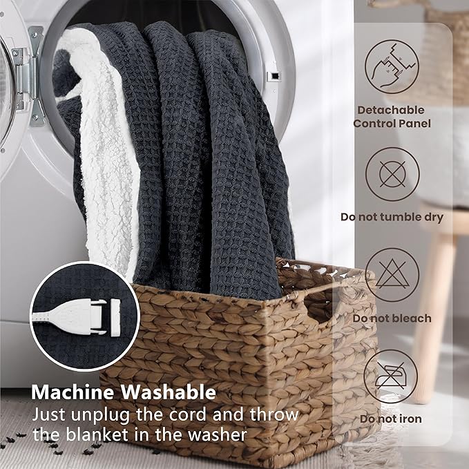 Heated Blanket Electric Blanket King Waffle, 90x100 Inches Dual Controllers Sherpa Fleece Fast Heating Blanket 6 Heating Levels & 10 Hours Auto Off ETL Certification,Charcoal Grey King