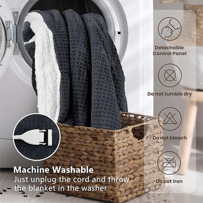Heated Blanket Electric Blanket Queen Waffle, 84x90 Inches Dual Controllers Sherpa Fleece Fast Heating Blanket 6 Heating Levels & 10 Hours Auto Off ETL Certification,Charcoal Grey Queen