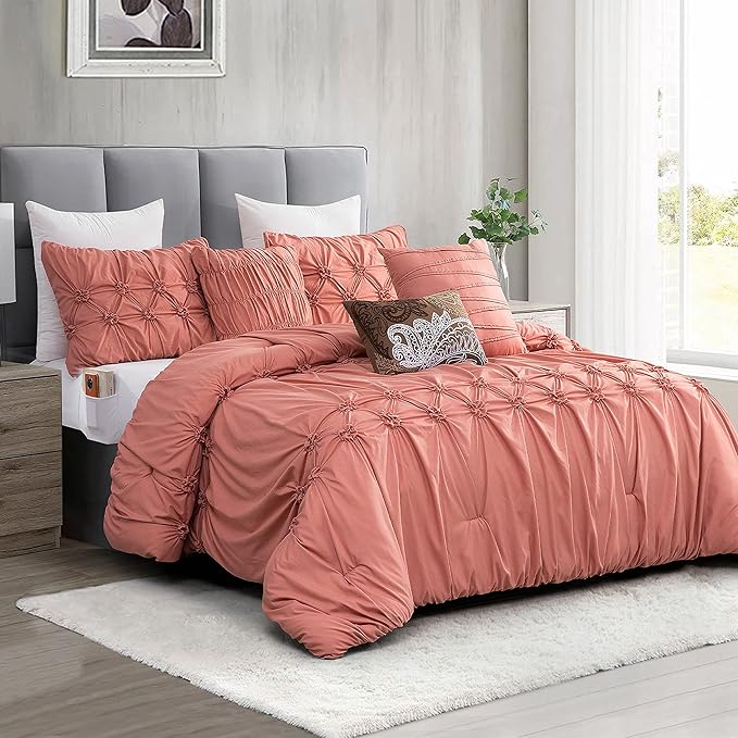 Elegant Comfort 12-Piece Bed-in-a-Bag, Ella Pleated Ruched Pintuck Comforter Set, 6-Piece Sheet Set Featuring Smart Pockets, Matching Decorative Pillows, All Season Bedding,California King, Dusty Rose