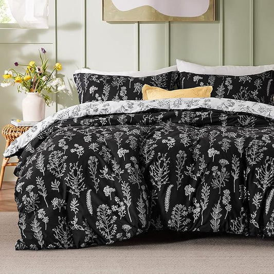 Bedsure Twin/Twin XL Comforter Set - Black Bed Set, 2 Pieces Cute Floral Bedding, 1 Soft Reversible Botanical Flowers Comforter and 1 Pillow Sham