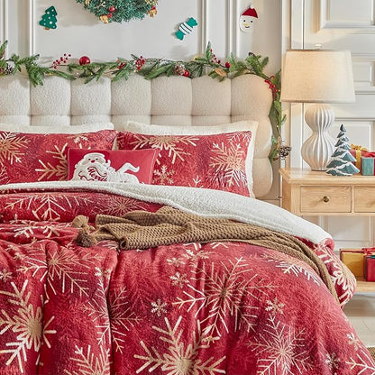 Christmas Sherpa Comforter Set Twin Size 3 Pieces Holiday Red Winter Bedding Microfiber Warm Fleece Comforter with 2 Pillow Shams - Thanksgiving New Year Gift Choice with Gradient Golden Snowflake