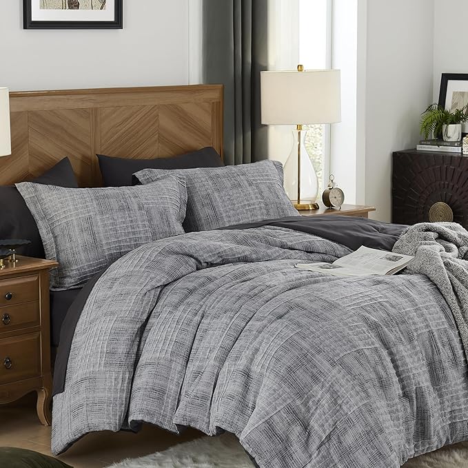 MaiRêve Charcoal Grey King Comforter Set, Textured Design Grey Crinkle Bed in A Bag King Size, 7 Pieces Bedding Set for Men Women with Comforter, Sheets, Pillowcases & Shams 102"x 90"