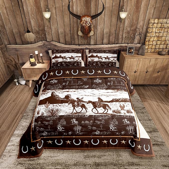 Feelyou Western Aztec Comforter Set Toddler Size Horse Cowboy Bedding Set for Boys Men Kids Teens Rustic Western Decor Country Wild West Down Comforter Brown and White Duvet Set with 1 Pillowcase