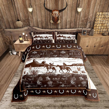 Feelyou Western Aztec Comforter Set Toddler Size Horse Cowboy Bedding Set for Boys Men Kids Teens Rustic Western Decor Country Wild West Down Comforter Brown and White Duvet Set with 1 Pillowcase