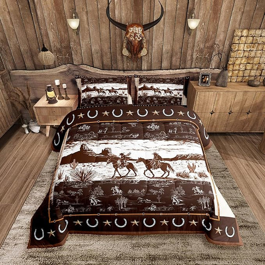Feelyou Western Aztec Comforter Set Toddler Size Horse Cowboy Bedding Set for Boys Men Kids Teens Rustic Western Decor Country Wild West Down Comforter Brown and White Duvet Set with 1 Pillowcase
