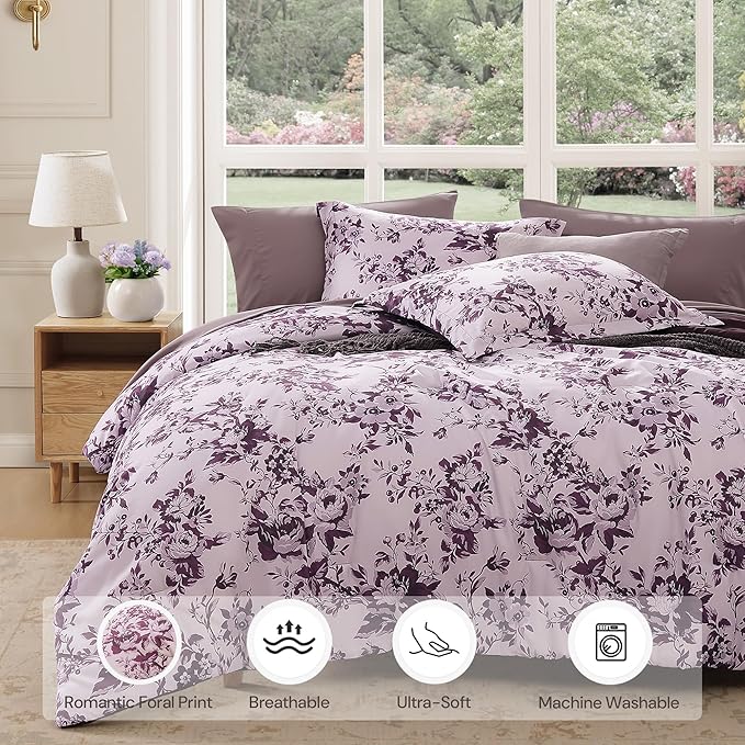King Comforter Set -7 PiecesDeep Purple Floral Comforter Set for All Seasons, Bed in a Bag King with Botanical Flowers Comforter, Sheets, Pillowcases & Shams