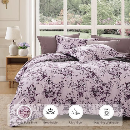 King Comforter Set -7 PiecesDeep Purple Floral Comforter Set for All Seasons, Bed in a Bag King with Botanical Flowers Comforter, Sheets, Pillowcases & Shams