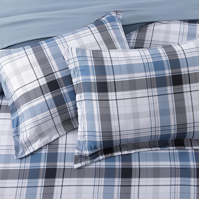 MaiRêve Queen Size Plaid Comforter Set Lake Blue, Classic 7 Pieces Farmhouse Bedding Set, All Season Lightweight Bed in A Bag with Sheets, Pillowcases & Shams
