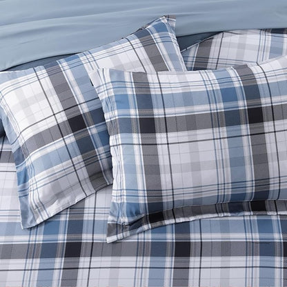 MaiRêve Full Size Plaid Comforter Set Lake Blue, Classic 7 Pieces Farmhouse Bedding Set, All Season Lightweight Bed in A Bag with Sheets, Pillowcases & Shams