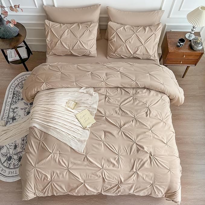 Maple&Stone California King Comforter Set, 7 Pieces Cal King Bed Set, Pinch Pleat Bed in a Bag Bedding Set with Comforter, Sheets, Pillowcases & Shams - Beige