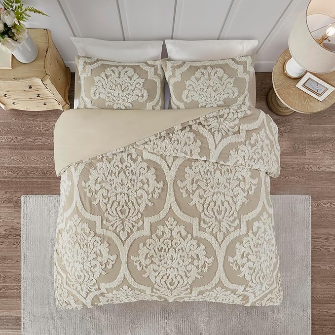 Madison Park Tufted Chenille Cotton Comforter All Season Bedding Set, Matching Shams, Full/Queen(90"x90"), Viola, Damask Taupe 3 Piece (MP10-7102)