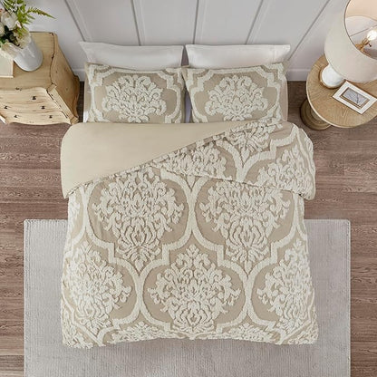 Madison Park Tufted Chenille Cotton Comforter, All Season Bedding Set, Matching Shams, Viola, Damask Taupe King/Cal King(104"x92") 3 Piece