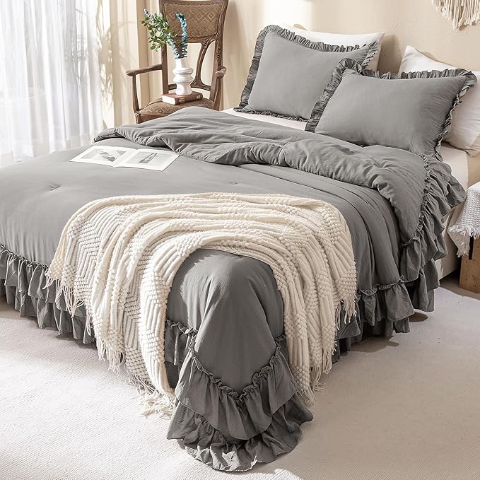 QSH Shabby Grey Ruffled Chic Comforter Queen Size, Farmhouse Boho Bedding Comforter Sets, 3 Pieces All Season Microfiber Inner Fill Bedding, Ultra Soft Lightweight Comforter Queen for Bed