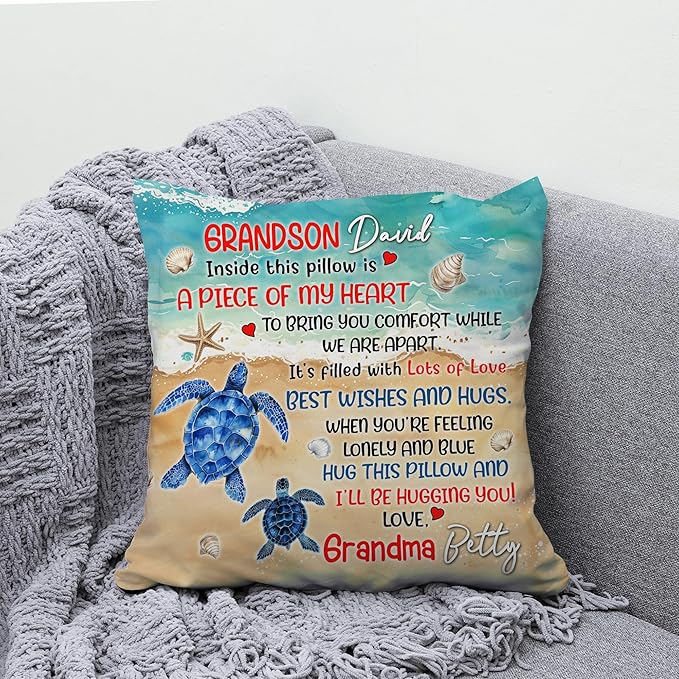 Hyturtle Personalized Grandson Pillow (Insert Included) Gifts from Grandma - Birthday Graduation for Grandson - Sea Turtle Custom Name Sofa Couch Cushion Home Decor Pillow