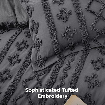 Bedsure Tufted Boho Comforter Set King Size - Dark Grey Boho Bed Set, GentleSoft™ 3 Pieces Farmhouse Shabby Chic Embroidery Bedding, Gifts for Woman, Soft Jacquard King Comforter for All Seasons