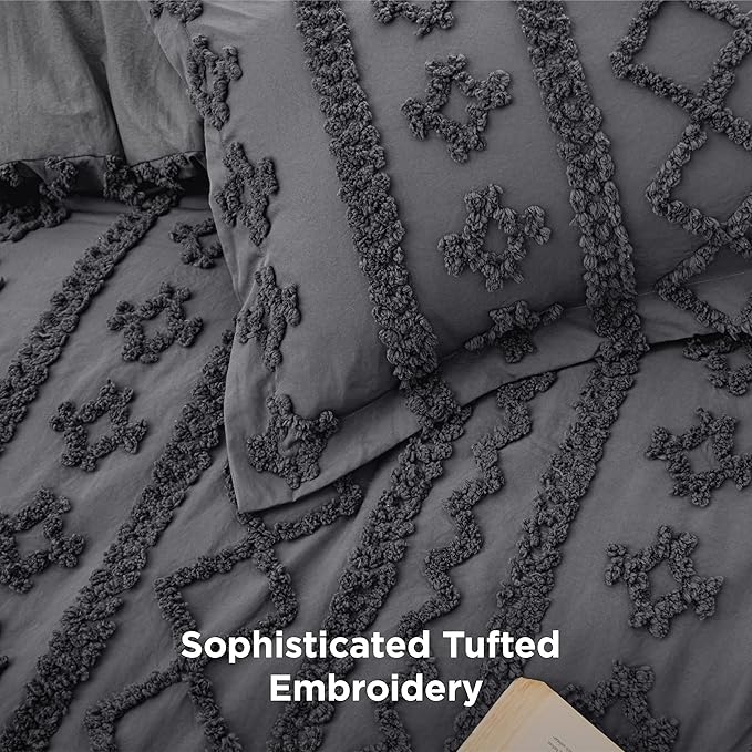 Bedsure Tufted Boho Comforter Set Queen Size - Dark Grey Boho Bed Set, GentleSoft™ 3 Pieces Farmhouse Shabby Chic Embroidery Bedding, Gifts for Woman, Soft Jacquard Queen Comforter for All Seasons